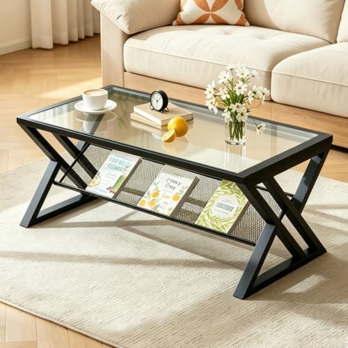 Wolawu Glass Coffee Table Black Table Living Room Table with Storage Shelf