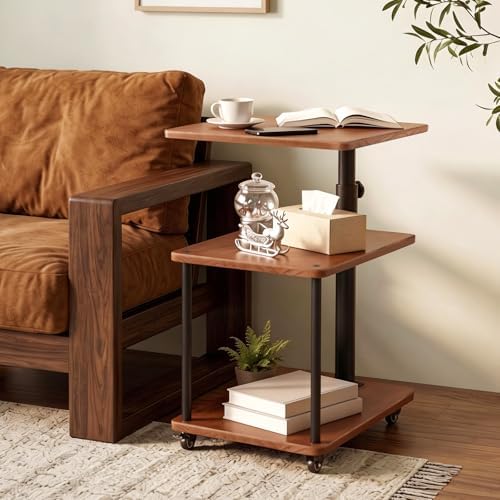Rolling Side Table with Wheels, End Table, Natural Solid Wood