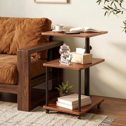 Rolling Side Table with Wheels, End Table, Natural Solid Wood