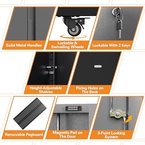 Metal Garage Storage Cabinet with 2 Doors, Adjustable Rolling Tool Storage Cabinet with Lock, 71" Steel Locking Broom Closet with Wheels and Shelves for Garage, Warehouse(Black&Gray, 71" H)