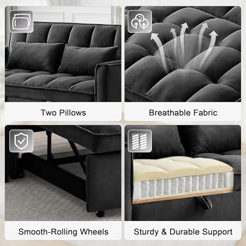 53" Sofa Bed, Velvet 3-in-1 Pull Out Couch & Loveseat Sleeper Sofa, Compact Convertible Folding Couch with Adjustable Backrest for Small Spaces, Black