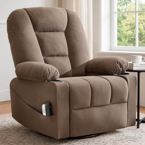 Power Swivel Rocker Recliner Chair for Adults, Electric Rocking Recliner with Massage and Heat for Living Room Bedroom, Fabric Reclining Sofa Chair with USB and Type-C Ports,Brown