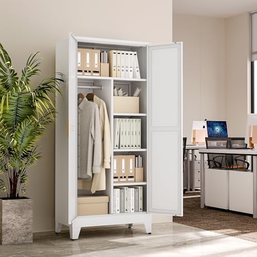 71" Metal Armoire Wardrobe Closet with Hanging Rod, White-X 5 Shelves
