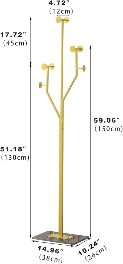 JIAYUEJU Heavy Duty Coat Rack Tree-shaped Metal Freestanding Coat Tree with Sturdy Marble Base Corner Coat Rack for Bedroom Entryway Hallway 14.96 x 10.24 x 68.9 Inches (Gold)