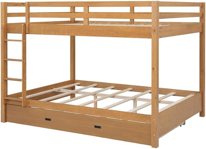 Merax Queen Size Bed with Trundle - Space-Saving Solid Wood Frame, Built-in Safety Rails and Ladderm, Wood
