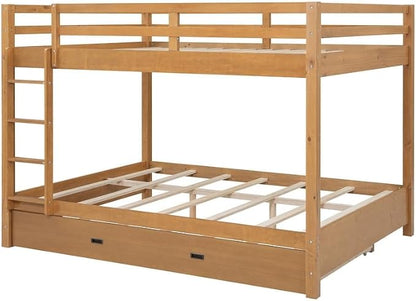 Merax Queen Size Bed with Trundle - Space-Saving Solid Wood Frame, Built-in Safety Rails and Ladderm, Wood