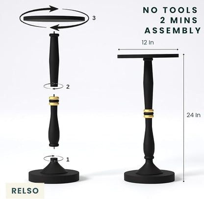 Relso Sceptrum Solid Wood Black Side Table - 24" Tall, Round End Table For Living Room Or Bedroom, Compact Narrow Accent Plant Stand Or Beverage Table With Simple Setup For Small Areas | Easy Assembly