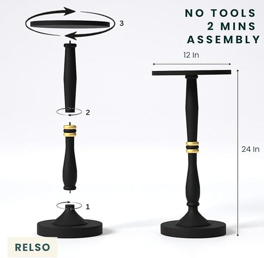 Relso Sceptrum Solid Wood Black Side Table - 24" Tall, Round End Table For Living Room Or Bedroom, Compact Narrow Accent Plant Stand Or Beverage Table With Simple Setup For Small Areas | Easy Assembly