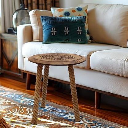 COTTON CRAFT Solid Wood End Table - 18 Inch Round Natural Hand Carved Table