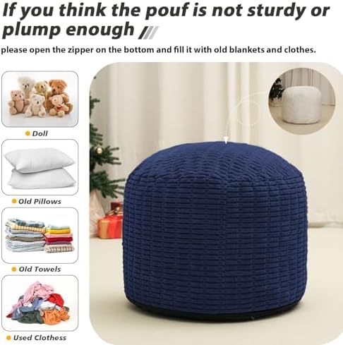 Round Stuffed Pouf Ottoman for Foot Rest 26" X 18" Faux Fur Poufs, Navy