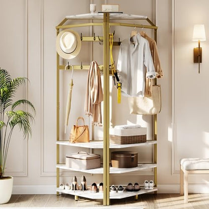 Garvee Corner Coat Rack, Freestanding Hall Tree with 12 Double-Row Hooks & 4 Shelves, Clothes Rack Shoes Shelf Organizer for Entryway, Hallway, Closet (White & Gold)