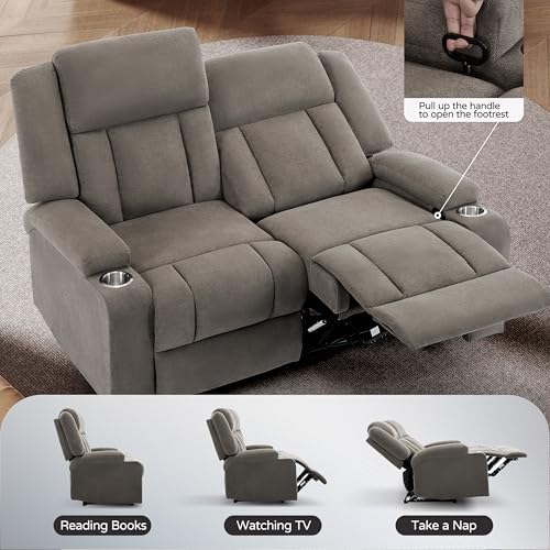 Recliner Sofa with Cup Holders, 4-Seater Fabric Reclining Couch, Manual Recliner Wall Hugger for Living Room, Home Theater (Light Brown)