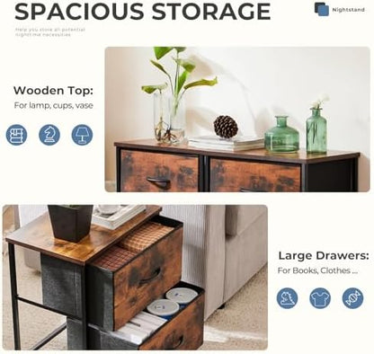 DUMOS Nightstand, Bedside Table for Bedroom, 2 Drawers Fabric Storage Chest