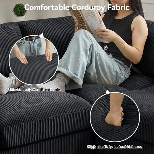 Modular Sectional Sofa, 114'' Corduroy Deep Seat 4-Seater Couch, Black