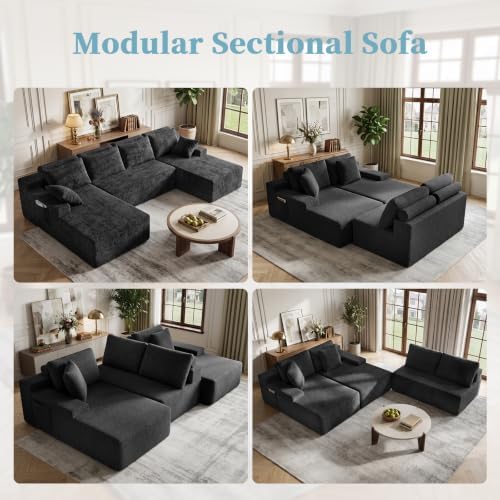 134 Inch Teddy Velvet Boneless Cloud Sectional Sofa, Tatami Style Modular, Frameless Deep Seat, Soft Fluffy Plush Cushions with Side Storage, Compressed No Assembly for Living Room & Apartment