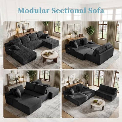 134 Inch Teddy Velvet Boneless Cloud Sectional Sofa, Tatami Style Modular, Frameless Deep Seat, Soft Fluffy Plush Cushions with Side Storage, Compressed No Assembly for Living Room & Apartment