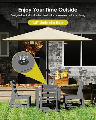 GREENVINES HDPE Outdoor Dining Table w/ Umbrella Hole for 4, Gray