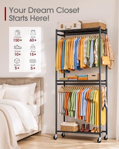 Portable Closet Clothes Rack, Dual Rods, 33 x 12.2 x 79.5 in, Black