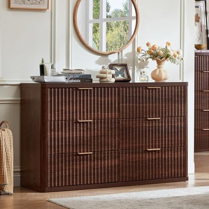 LEYAOYAO Fluted 6 Drawers Dresser for Bedroom Set of 2, 48" Wide Modern Chest of Drawers with Metal Handle, Walnut Curved Profile Farmhouse Closet Organizer Wood Dressers TV Stand for Living Room