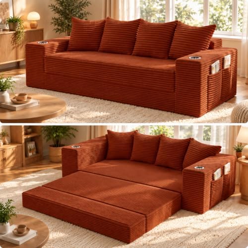 77" Convertible Sofa Bed, Boneless Pull-Out Sleeper Couch, Orange