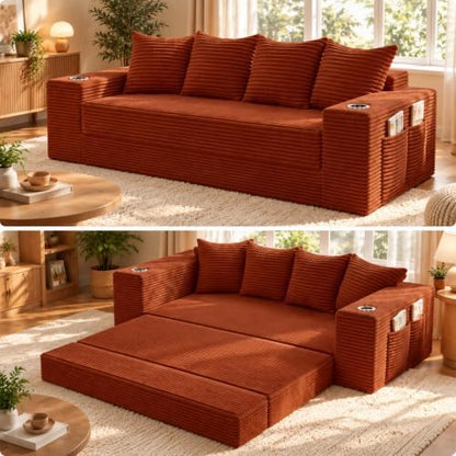77" Convertible Sofa Bed, Boneless Pull-Out Sleeper Couch, Orange