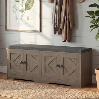 Apicizon Storage Bench with Seat Cushion, 2 Tier Entryway Bench with 4 Barn Doors, Adjustable Shelves, 47.36" Shoe Bench for Entryway Hallway Bedroom Living Room, Greige