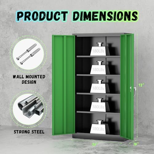 SUNCROWN 72" Metal Storage Cabinet - Heavy-Duty Metal Garage Cabinet with 4 Adjustable Shelves & 2 Doors for Tools, Office, Home, Workshop,Black & Green
