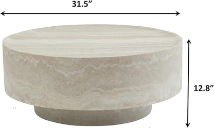 31.5" Faux Marble Round Coffee Tables, Modern Stone Coffee Tables, Fiberglass Drum Center Table, Accent Low Circle Coffee Table, Minimalist Sofa Side End Table for Living Room Apartment Office