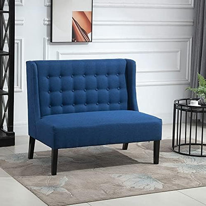 HOMCOM Wingback Double Sofa Linen Fabric Upholstery Button Tufted Loveseat Armless Couch Modern Contemporary Living Room Settee with Wood Legs, Blue