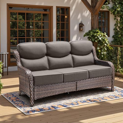 Wicker Patio Sofa with 6" Thick Cushions, All-Weather Outdoor Rattan Couch with High Backrest and Deep Seat, Outdoor Patio Sofas for Porch, Yard, Garden, Brown/Grey