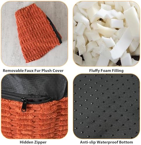 Round Stuffed Pouf Ottoman for Foot Rest 20" X 15" Faux Fur Poufs, Orange