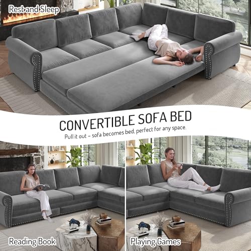 HANXIN 118" L-Shaped Sofa Couch with Pull Out Bed, Oversize Convertible Sectional Sleeper Sofa with Nailhead Trim & Rolled Arm, 6 Seat Chenille Upholstered Couches for Living Room(Light Gray)