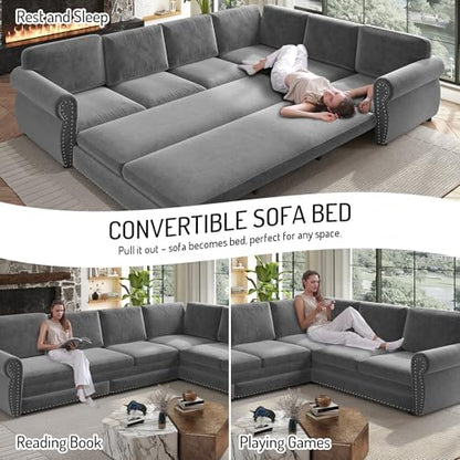 HANXIN 118" L-Shaped Sofa Couch with Pull Out Bed, Oversize Convertible Sectional Sleeper Sofa with Nailhead Trim & Rolled Arm, 6 Seat Chenille Upholstered Couches for Living Room(Light Gray)
