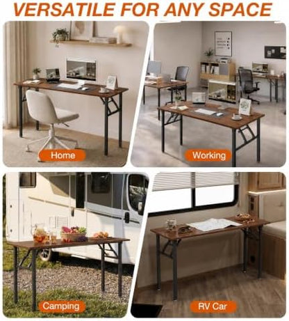 XBurmo Folding Desk Foldable Table, No Assembly 55.1" Foldable Desk Space-Saving Workstation for Small Space, Computer Table, Flat Storage for Home Office, Bedroom, Dorm, Study Room, Dark Walnut