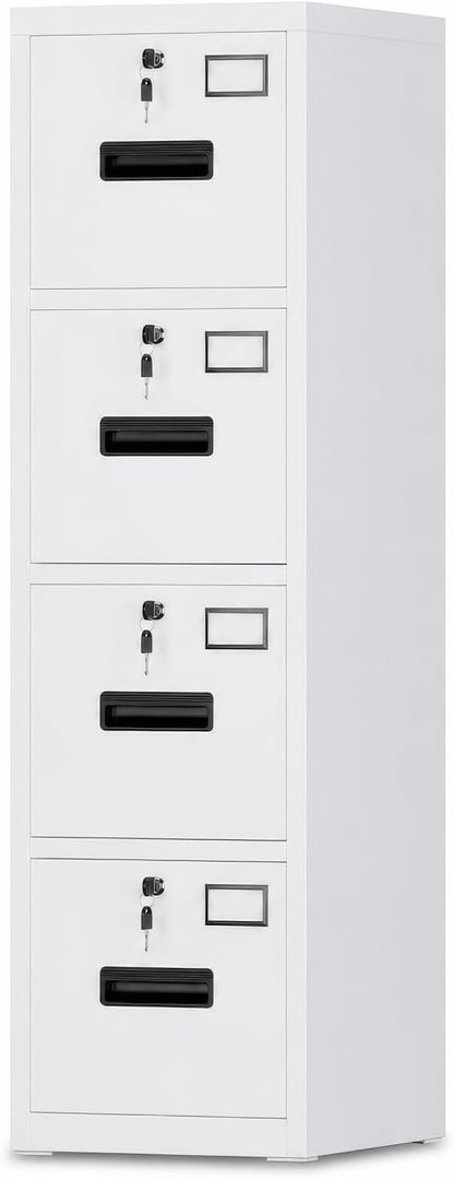 Garvee 4-Drawer White Metal File Cabinet with Individual Locks, Heavy-Duty Steel Vertical Filing Cabinet for A4, Letter & Legal Size Documents, Locking Storage Cabinet for Home Office & School