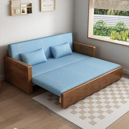 71" Blue 3-in-1 Queen Sectional Sleeper Sofa w/Rev Chaise, Walnut Wooden