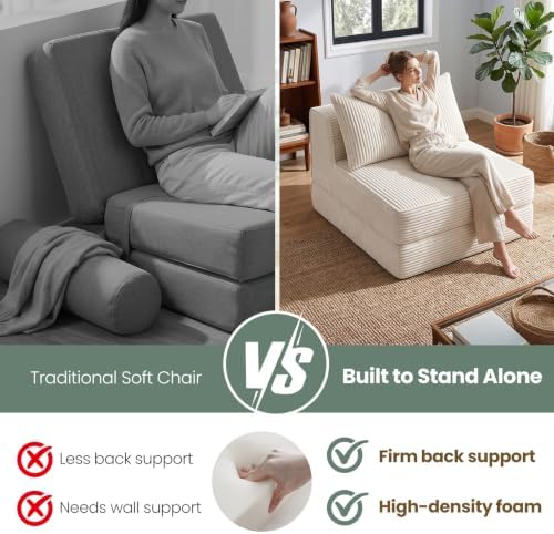 Oversized Corduroy Folding Sofa Bed with Pillow,Convertible Foam Futon Floor Lounge Chair,Single Size Fold‑Out Sleeper Couch,No Assembly for Bedroom,Reading Nook, Studio,Beige