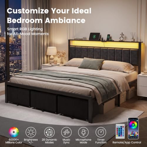 King Size Bed Frame with Upholstered Headboard and 3 Storage Drawers