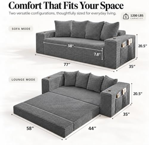 77" Convertible Sofa Bed, Boneless Pull-Out Sleeper Couch, Grey