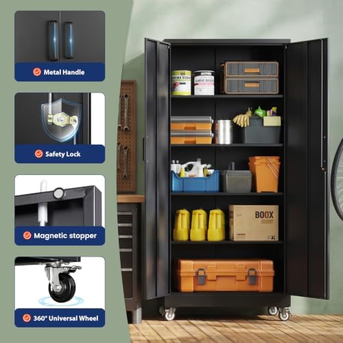Yizosh Black Wheeled Metal Garage Storage Cabinet,Lockable Storage Cabinet