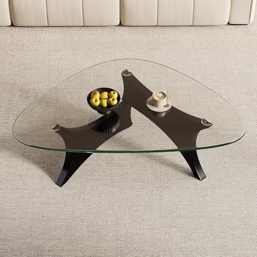 Modern Glass Coffee Table for Living Room, Mid Century Modern Triangle Coffee Table with Tempered Glass Top & Solid Wood Base, Small Center Table for Apartment（Black/Transparent，Large）