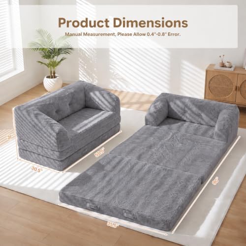 Boneless Loveseat Futon Sofa Bed,Small Boneless Couch with Pull Out Handle,Convertible Sleeper Chair Folding Floor Couch for Living Room, Guest Room,Bedroom,Grey