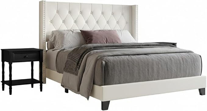 HOME DESIGN Homer Full Tufted Wingback Upholstered Panel Bed with 2 Matching 1 Drawer Nightstands, Bedroom Furniture Set with Open Shelf Storage, Light Beige Black