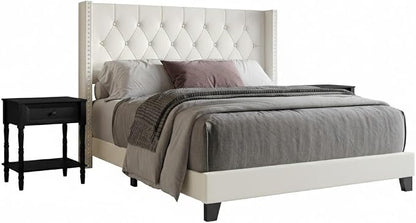 HOME DESIGN Homer Queen Tufted Wingback Upholstered Panel Bed with 2 Matching 1 Drawer Nightstands, Bedroom Furniture Set with Open Shelf Storage, Light Beige Black