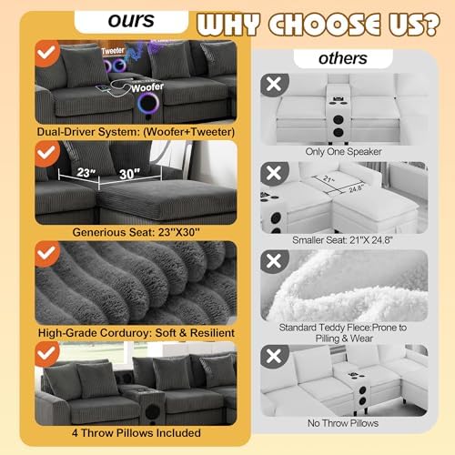 144" Corduroy Sectional Modular Couch with Speakers