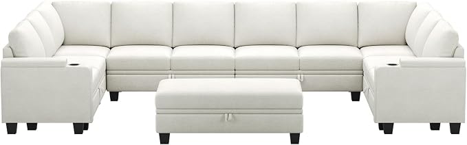 Belffin Oversized U Shaped Modular Sectional Couch for Living Room 10 Seater Modular Sofa Set with Storage Ottoman Large Sectional Couch with Cup Holder White
