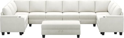 Belffin Oversized U Shaped Modular Sectional Couch for Living Room 10 Seater Modular Sofa Set with Storage Ottoman Large Sectional Couch with Cup Holder White