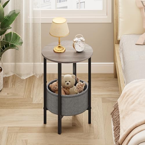Round Side Table End Table with Storage Basket, Small Side Table Round Nightstand for Small Spaces, Tall Oval End Table with Steel Frame, Coffee Bedside Table for Living Room Bedroom, Greige