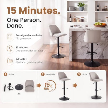 COLAMY Adjustable Upholstered Bar Stools Set of 4,360° Swivel Counter Height Chairs with Soft Cushioned Seat & Stable Metal Base for Kitchen Island,250 LBS Capacity,Easy Assembly,Grey