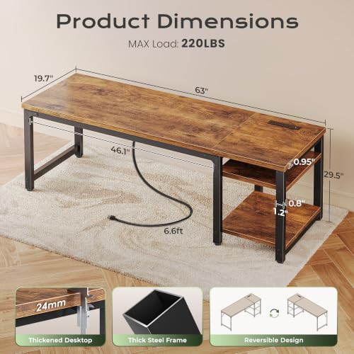 Huuger 63'' x 19.7'' Computer Desk with Power Outlets, 0.95'' Thick Desktop